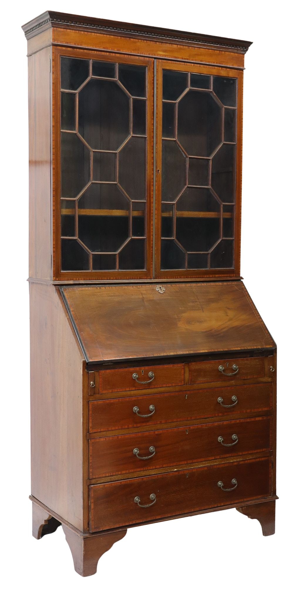 ENGLISH GEORGE III SATINWOOD-BANDED MAHOGANY BUREAU BOOKCASE: English George III satinwood-banded mahogany bureau bookcase, early 19th c., dentil cornice, glazed and mullioned doors, two adjustable-height shelves, slant-front desk, fitted interior gallery, two s