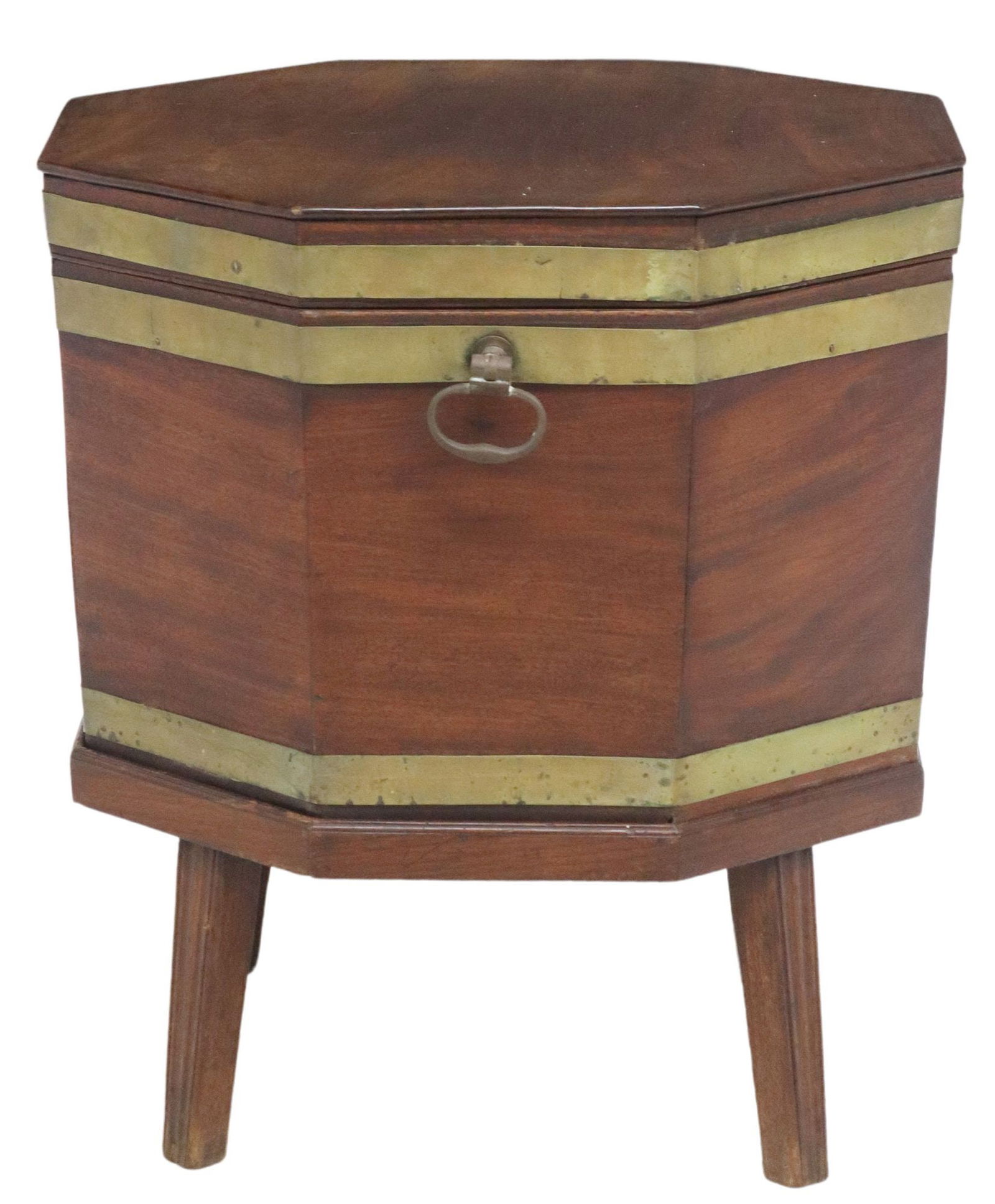 ENGLISH GEORGIAN BRASS-BOUND MAHOGANY OCTAGONAL CELLARETTE: English Georgian brass-banded mahogany wine cooler/ cellarette, 19th c., octagonal form, hinged lid, on conforming stand, lock plate stamped J. Bramah - 124 Piccadilly, varied ring handles, appro