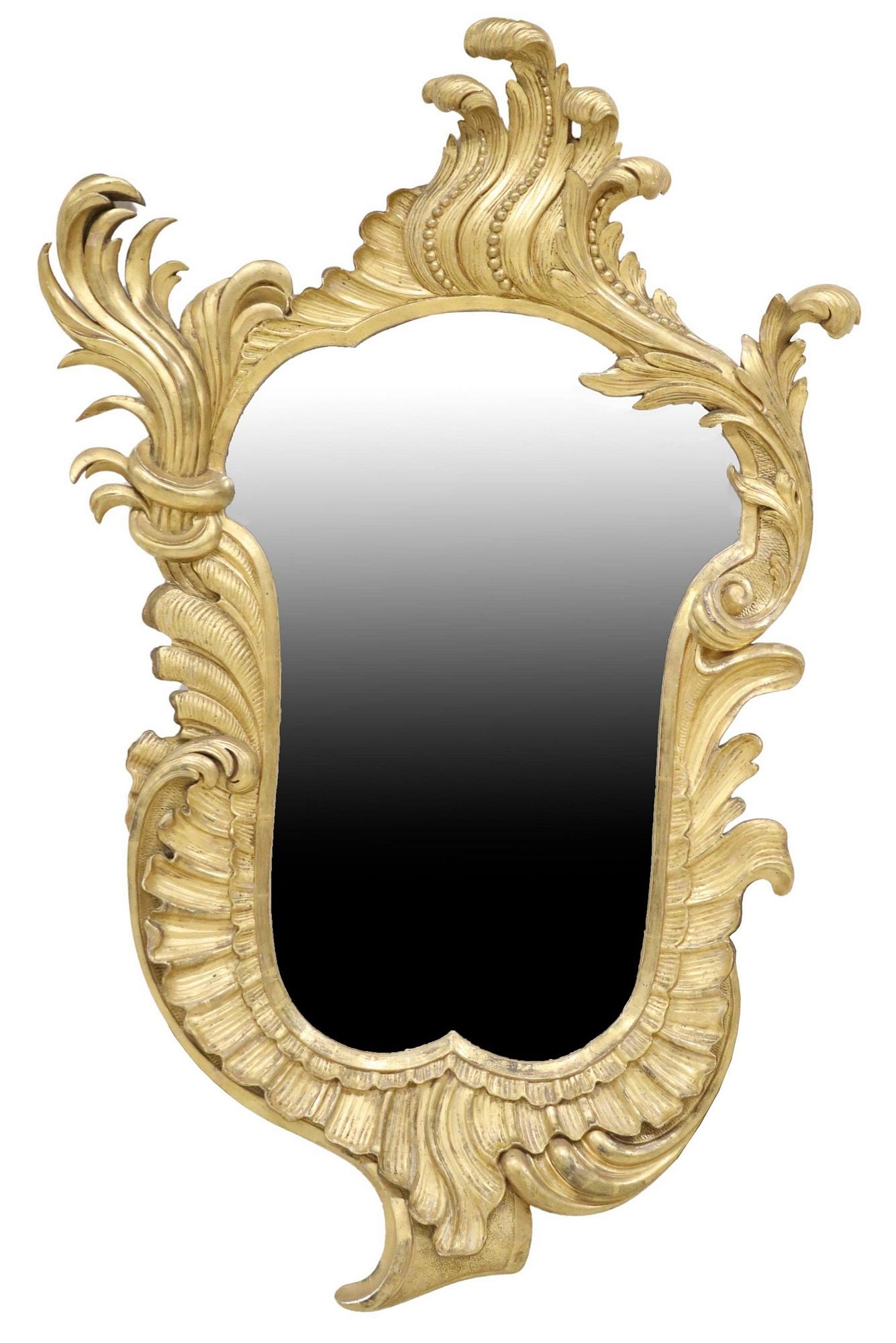FRENCH ROCOCO STYLE GILTWOOD CARTOUCHE MIRROR: Fine French Rococo style giltwood mirror, late 19th c., asymmetrical foliate scroll frame, encasing later flat mirror plate, approx 49.5"h, 30"w, 25lbs 