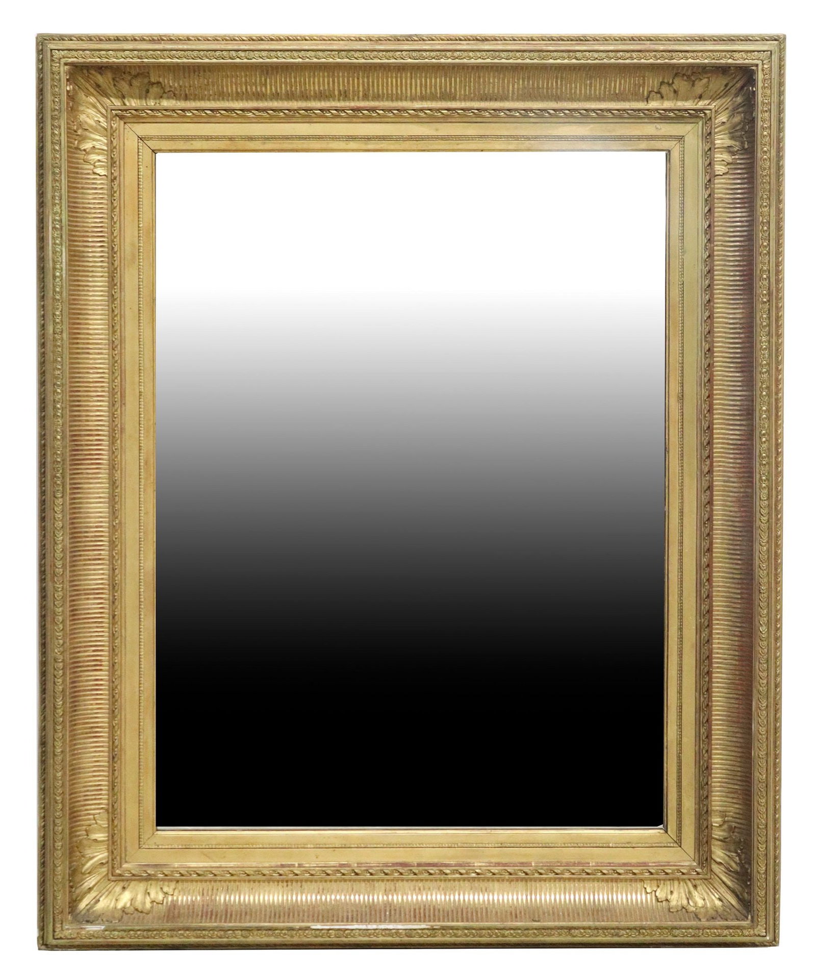 FRENCH LOUIS XVI STYLE GILTWOOD MIRROR, 50" X 40": French Louis LXVI style giltwood wall mirror, late 19th c., having rectangular frame with ribbon twist molding and beaded trim, encasing later flat mirror plate, some later gilt painted touch ups, app