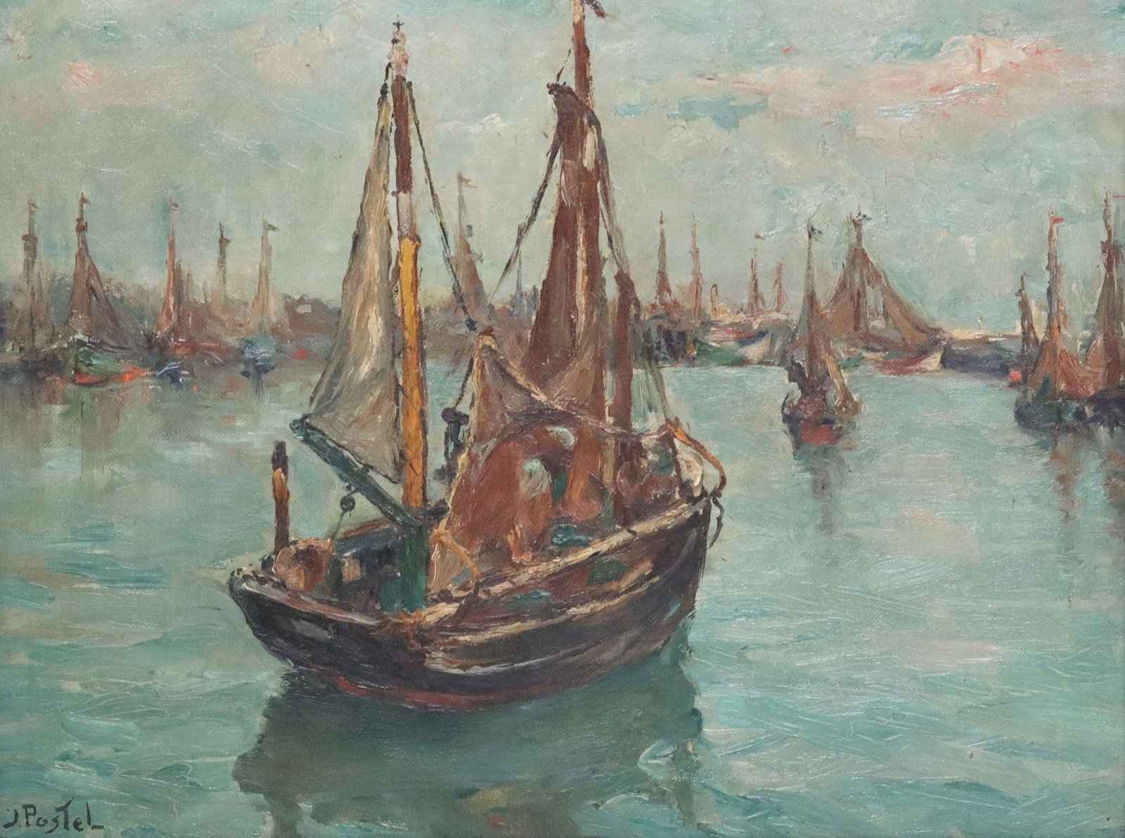 JULES POSTEL (1867-1955) OIL PAINTING SAILBOAT APPROACHING THE HARBOR: Framed oil on canvas painting, Sailboat Approaching the Harbor, signed lower left J. Postel (Jules Postel, Belgian, 1867-1955), stretcher inscribed in pencil and chalk, sight: approx 13 1/8"