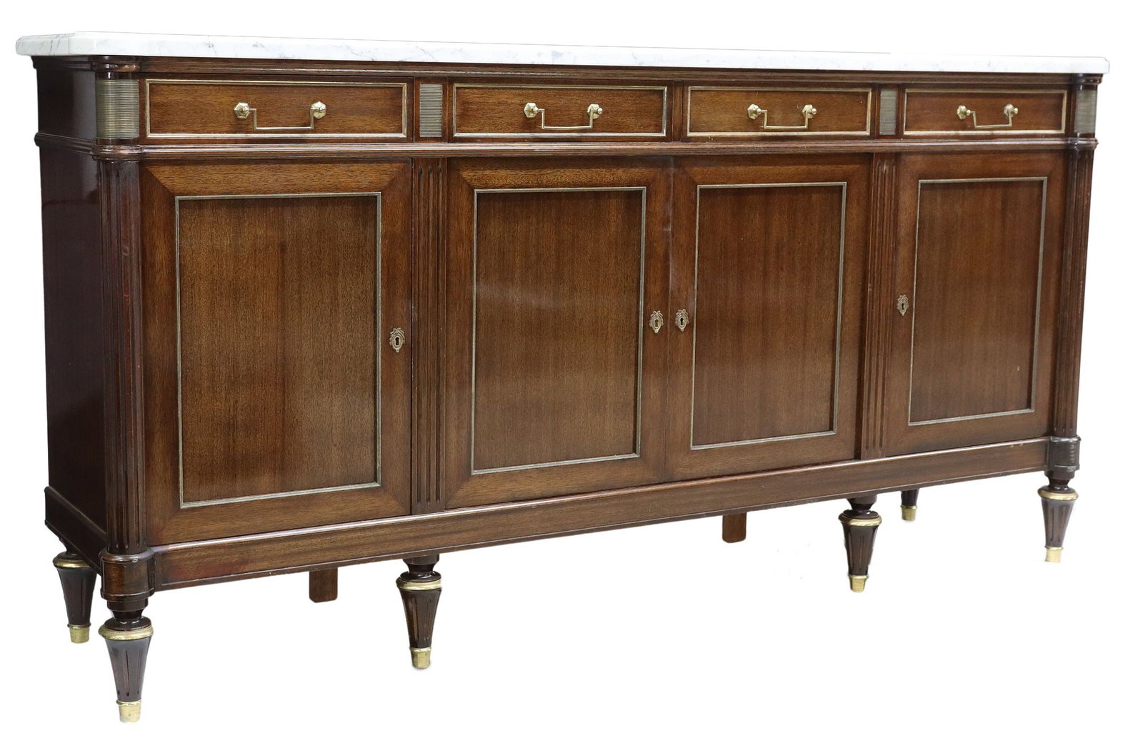 FRENCH LOUIS XVI STYLE MARBLE-TOP MAHOGANY SIDEBOARD: French Louis XVI style marble-top mahogany sideboard, 20th c., having shaped marble top, over four drawers, four cabinet doors opening to shelved interior, drawers and doors with gilt metal banding, a
