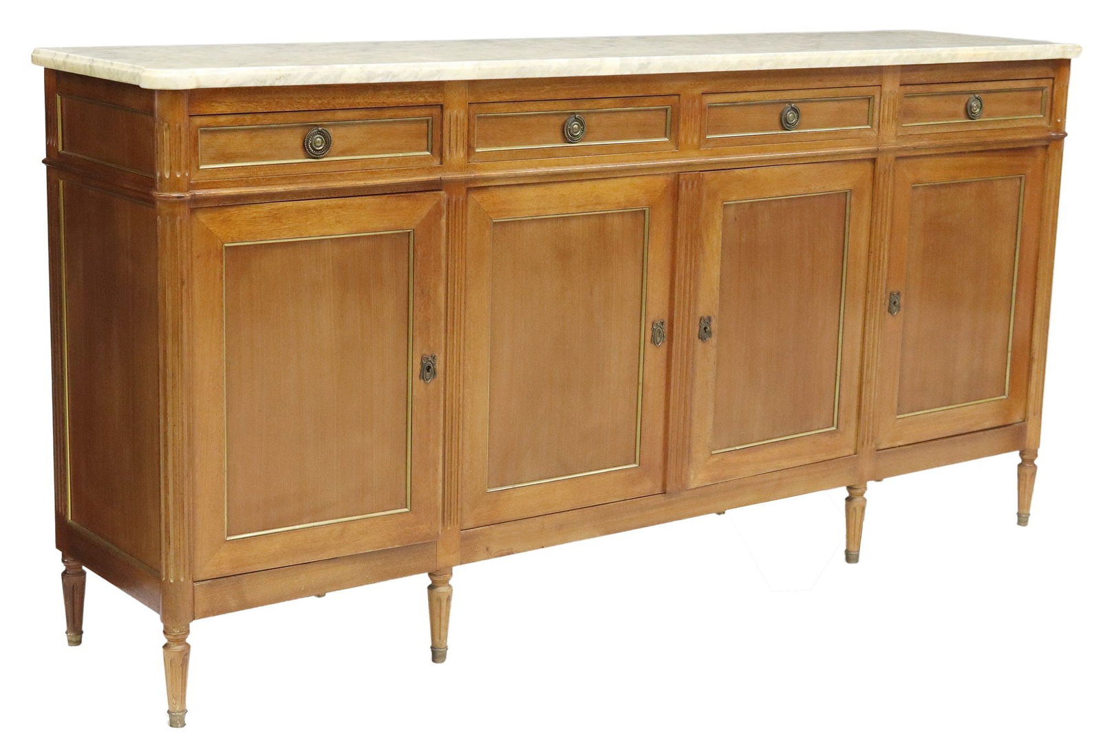 FRENCH LOUIS XVI STYLE MARBLE-TOP MAHOGANY SIDEBOARD: French Louis XVI style marble-top mahogany sideboard, 20th c., four drawers, centered double-door cabinet, flanked by side cabinets, on tapering fluted legs, discoloration to marble sealant, approx 41
