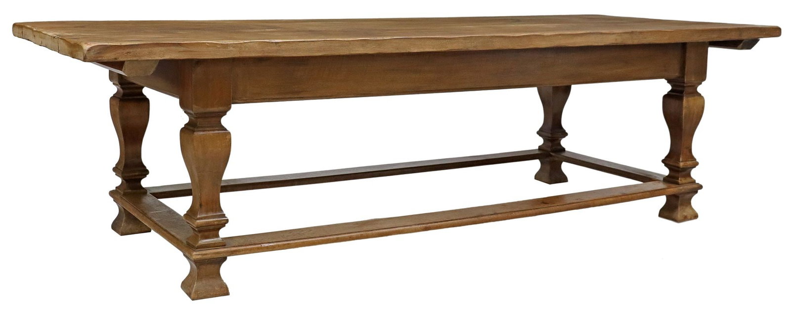 LARGE FRENCH PROVINCIAL FARMHOUSE TABLE, 107.25"L: French Provincial farmhouse table, 20thc., having rectangular top comprised of eight boards, stretcher-joined baluster supports, on shaped feet, approx 30.75"h, 107.25"w, 42.75&quo