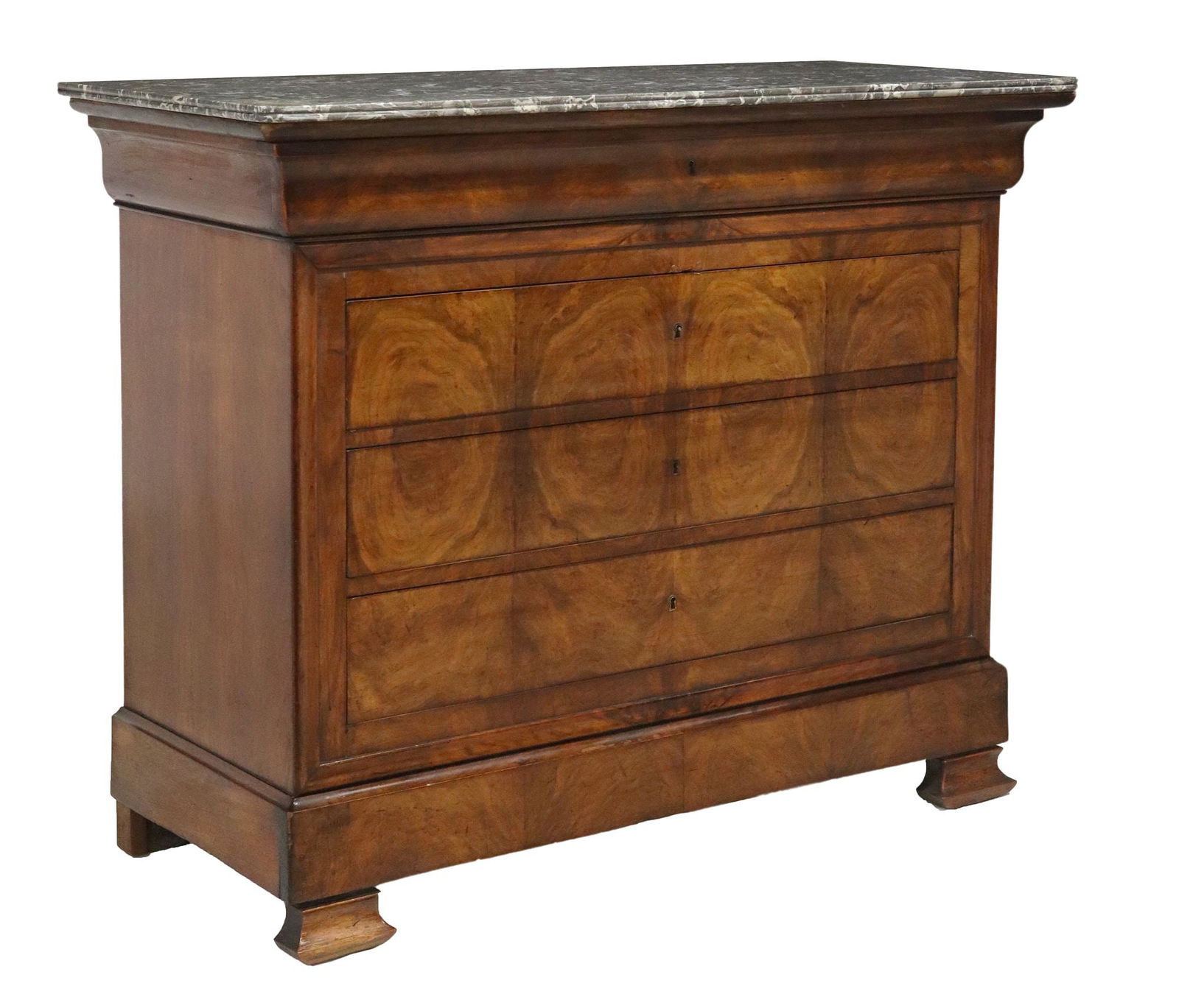 FRENCH LOUIS PHILIPPE PERIOD MARBLE-TOP WALNUT COMMODE: French Louis Philippe period marble-top commode, mid 19th c., ogee frieze drawer, over three additional drawers faced with matched figured walnut veneers, on bracket feet, approx 39"h, 48.5"