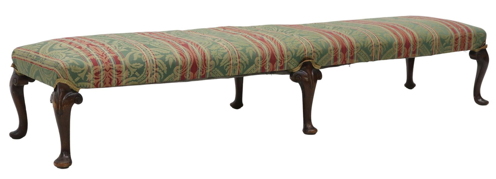 QUEEN ANNE STYLE UPHOLSTERED MAHOGANY BENCH, 19TH C.: Queen Anne style upholstered mahogany bench, 19th c., padded seat in floral patterned upholstery, rising on cabriole legs, ending on pad feet, approx 13.5"h, 74"w, 19.5"d