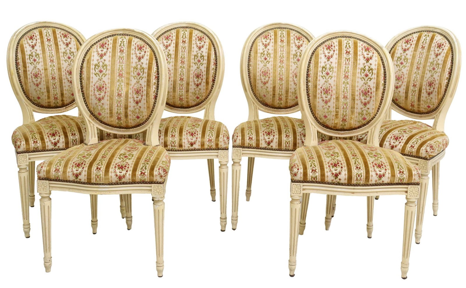 (6) FRENCH LOUIS XVI STYLE PAINTED & UPHOLSTERED DINING CHAIRS: (lot of 6) French Louis XVI style side chairs, 20th c., painted frame, upholstered oval medallion back and seat, rising on tapering fluted legs, paint loss to frames, staining to upholstery, appr