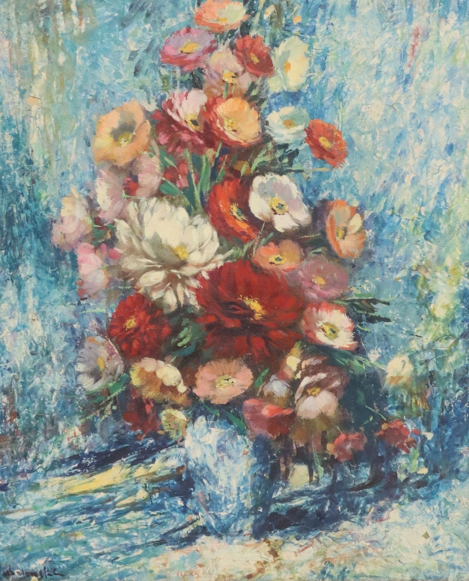 KAZIMIER RUBOLOWSKI (1919-1994) PAINTING STILL LIFE WITH VASE OF FLOWERS: Framed oil on canvas painting, Still Life with Vase of Flowers, signed lower left K. Rubolowski (Kazimierz Rubolowski, Polish, 1919-1994), craquelure, paint flaking, sight: approx 25"h, 20.75&quo