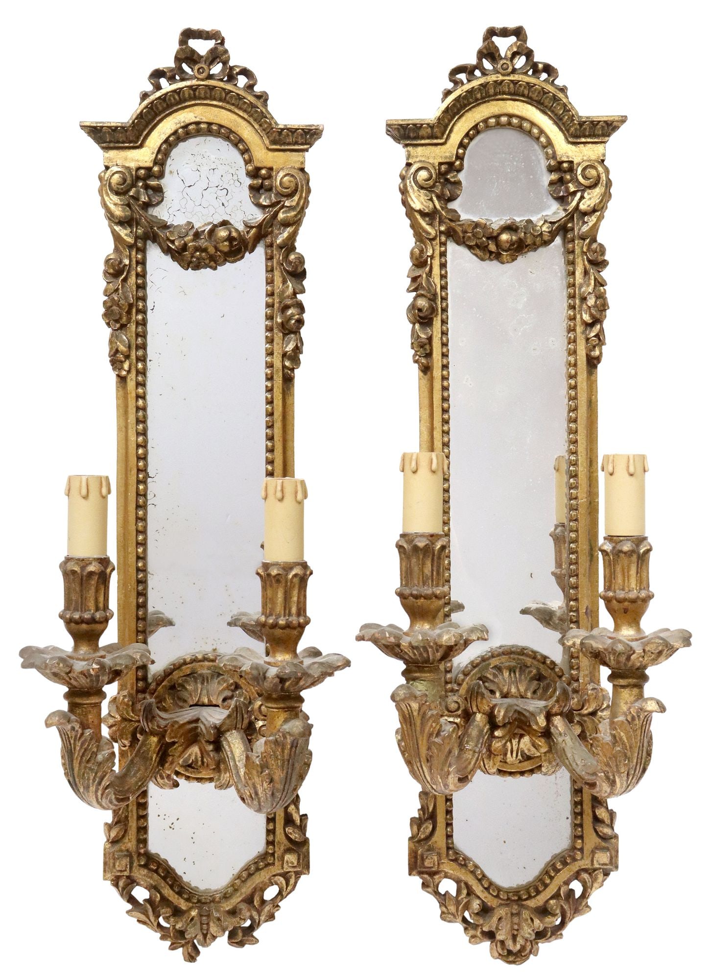 (2) LOUIS XVI STYLE GILTWOOD GIRONDOLE MIRRORS: (pair) Louis XVI style two-light wall sconces, early 20th c., each having ribbon crest, over architectural frame with beaded trim and floral swag, encasing flat mirror plates, issuing two scrolled arm
