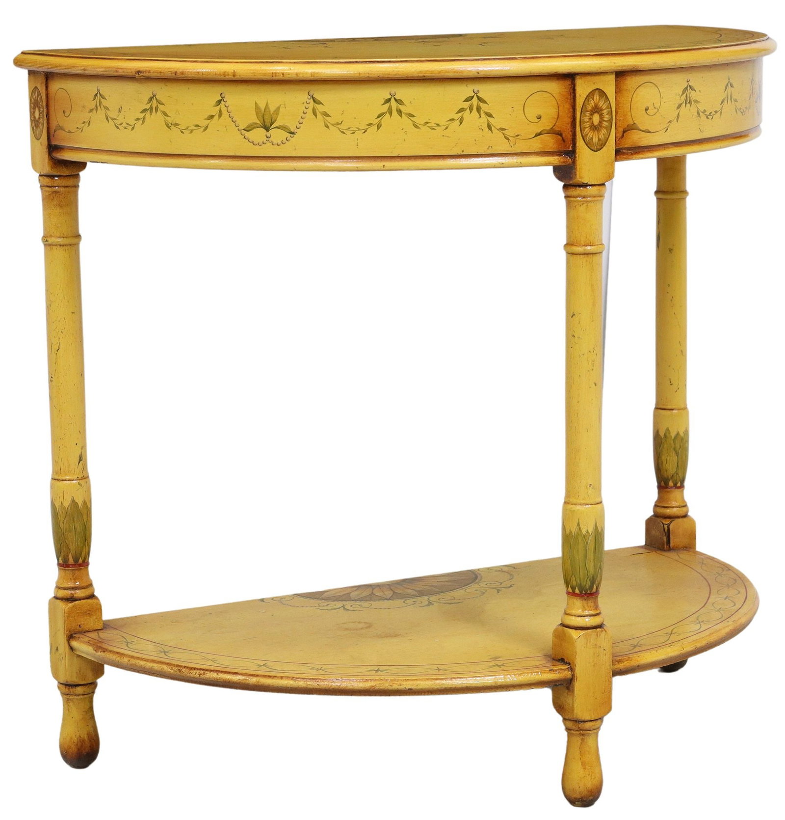 ADAM STYLE PAINT-DECORATED DEMILUNE CONSOLE TABLE: Adam style paint-decorated demilune console table, 20th c., top and medial shelf with painted floral blossom and scrollwork, rising on turned supports, ending on rounded feet, approx 30.5"h, 33&q
