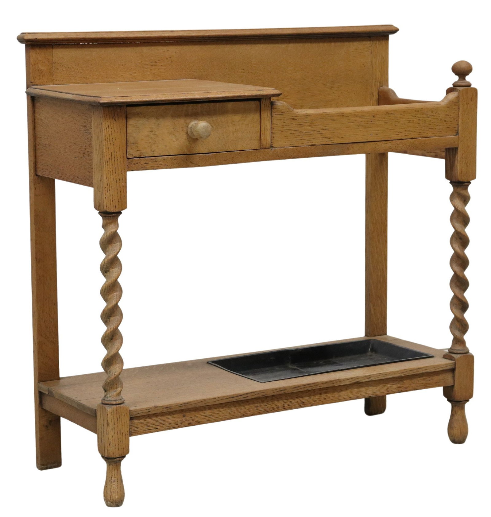 ENGLISH LATE VICTORIAN LIGHT OAK UMBRELLA OR STICK HALL STAND: English light oak hall stand, late 19th c., small drawer flanked by divided slots for umbrellas/ walking sticks, inset metal drip pan, on front barley twist supports, approx 34"h, 34.5"w, 13