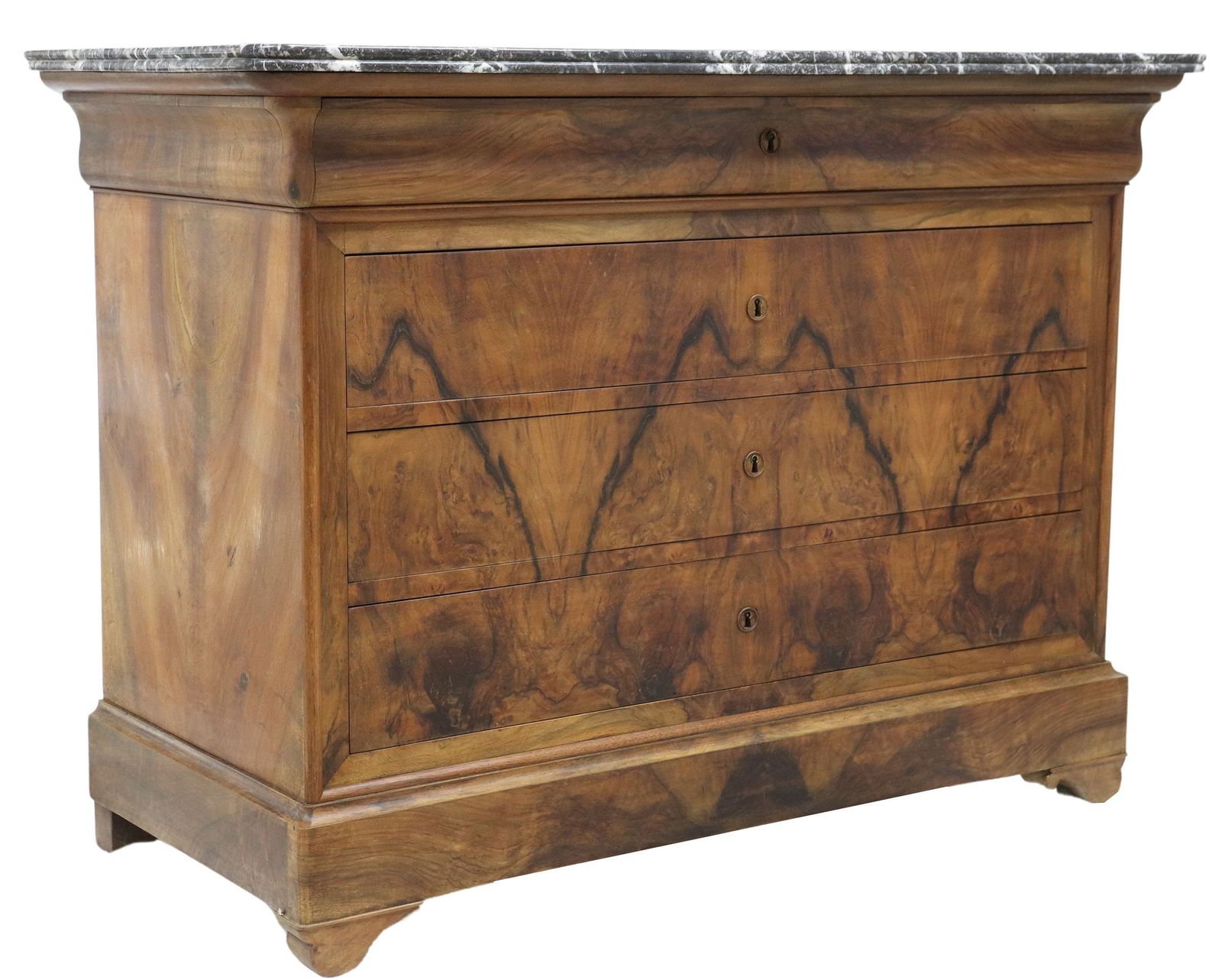 FRENCH LOUIS PHILIPPE PERIOD MARBLE-TOP BURL WALNUT COMMODE: French Louis Philippe period burled walnut commode, mid 19th c., having marble top, frieze drawer, over three additional drawers, divided interior, on bracket feet, approx 37 3/8"h, 51.25&qu