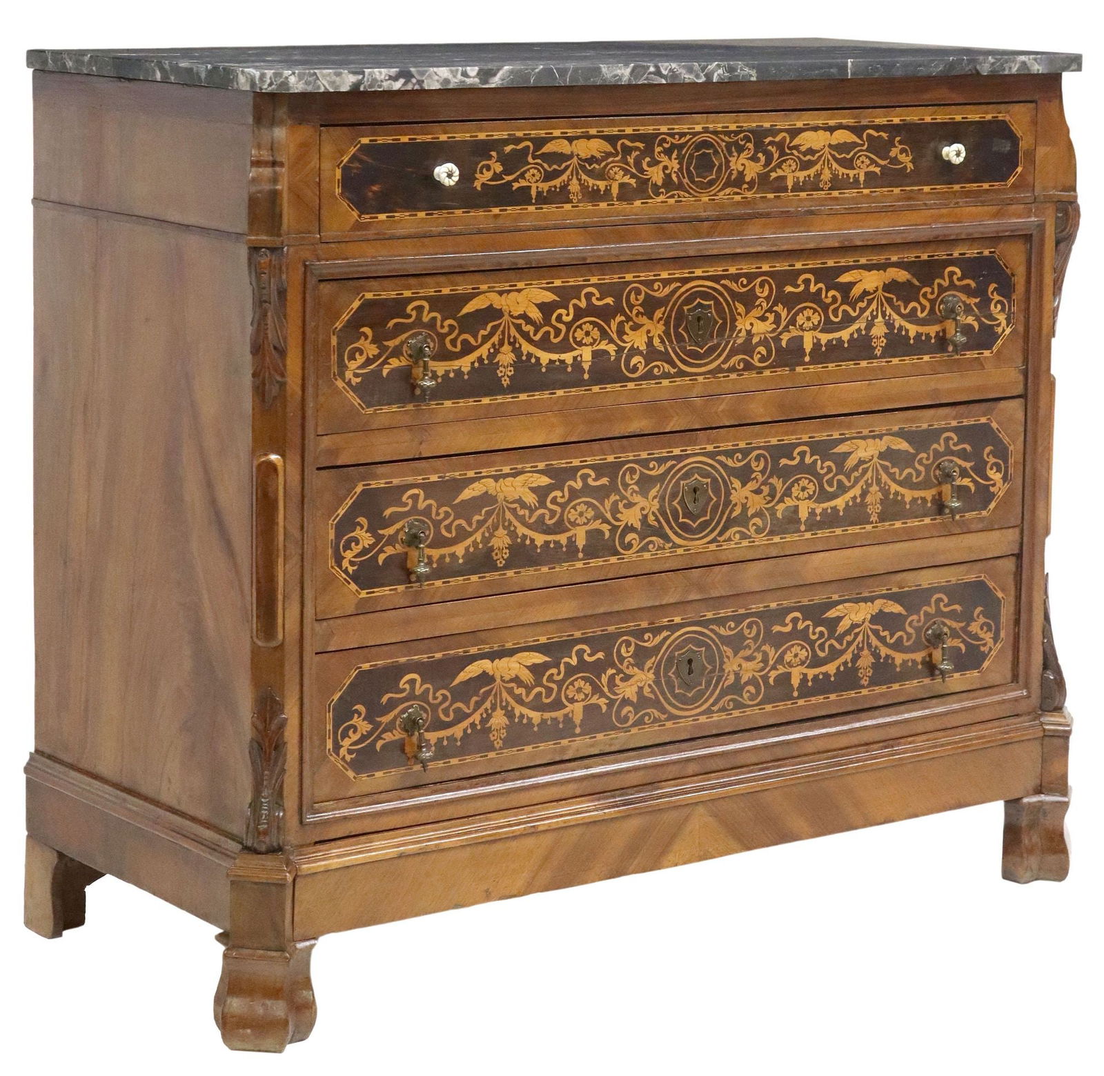 ORNATE INLAID ITALIAN MARBLE-TOP COMMODE, MID 19TH C: Italian marble-top marquetry commode, mid 19th c., the marble top with cropped front corners, over four drawers with dense scrolling marquetry of flora and fauna, cropped corners with carved acanthus,
