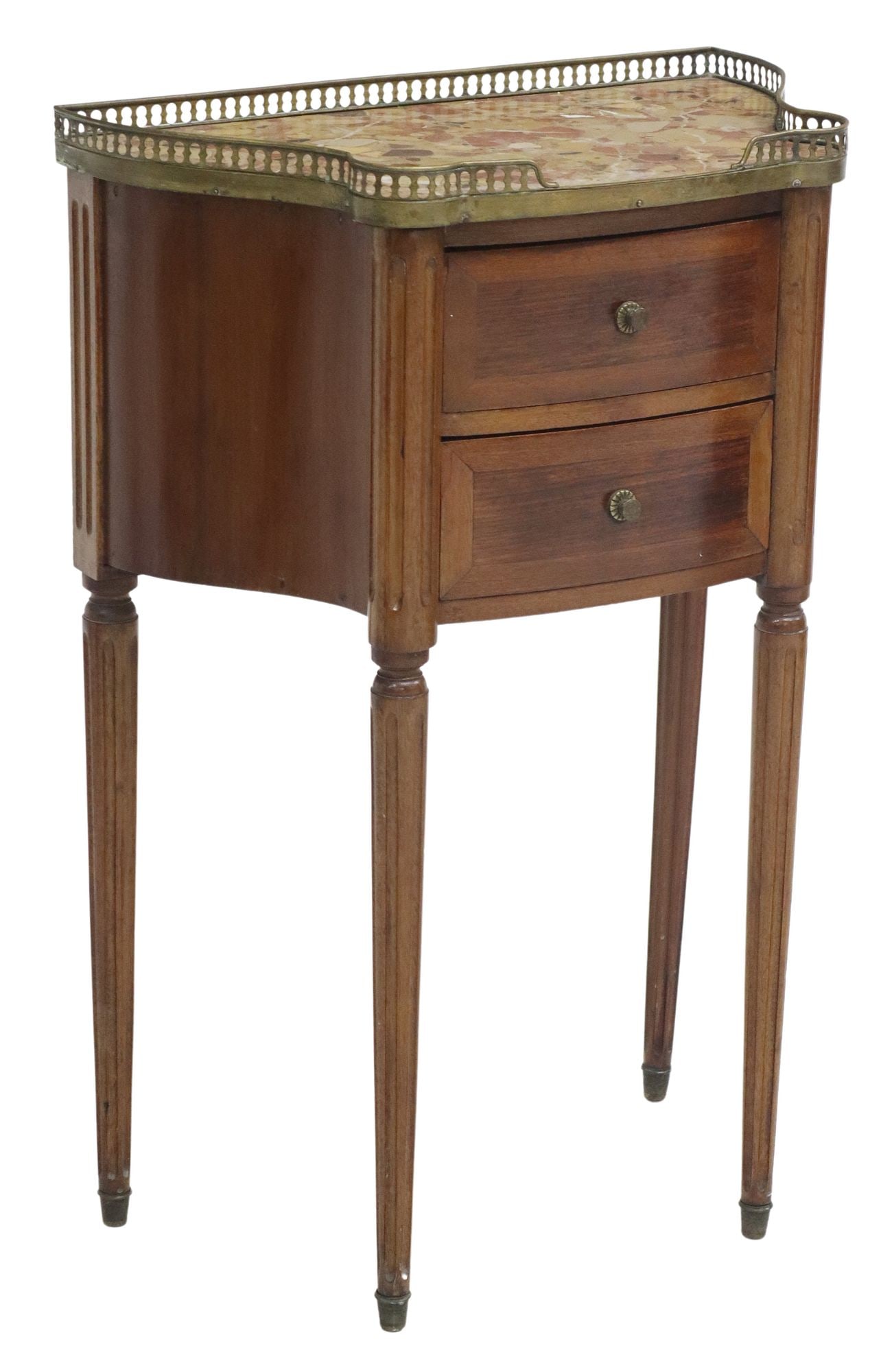 FRENCH LOUIS XVI STYLE MARBLE-TOP NIGHTSTAND / SIDE TABLE: French Louis XVI style nightstand, late 19th c., having shaped marble top with pierced gilt metal three-quarter gallery, over two drawers, rising on fluted tapered legs, ending on brass cap feet, appr