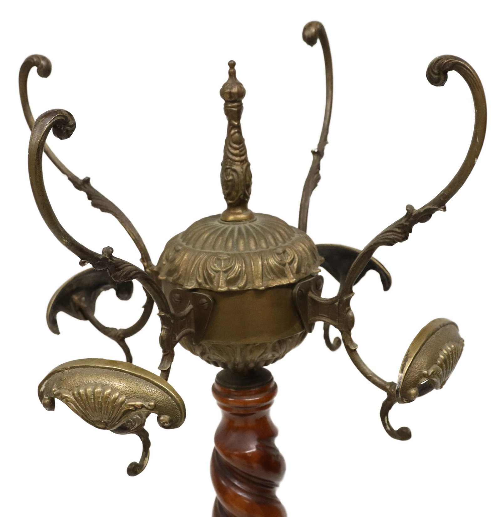 CONTINENTAL SPIRAL TURNED WOOD & GILT METAL HALL TREE: Continental carved wood and gilt metal hall tree, 20th c., having four scrolled hat/ coat hooks, spiral turned standard, rising on figural tripartite base, ending on paw feet, approx 68"h, 19.5&q