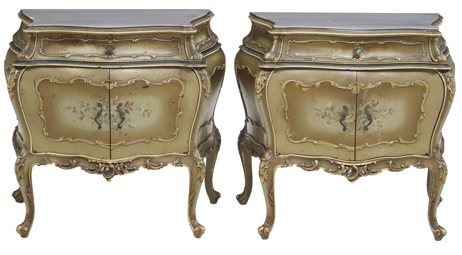 (2) ITALIAN VENETIAN PAINT DECORATED BOMBE NIGHTSTANDS: (pair) Italian Venetian paint decorated bedside cabinets, 20th c., each bombe case fitted with single drawer over dual cabinet doors, revealing open interior, with painted florals and molded scrollwor