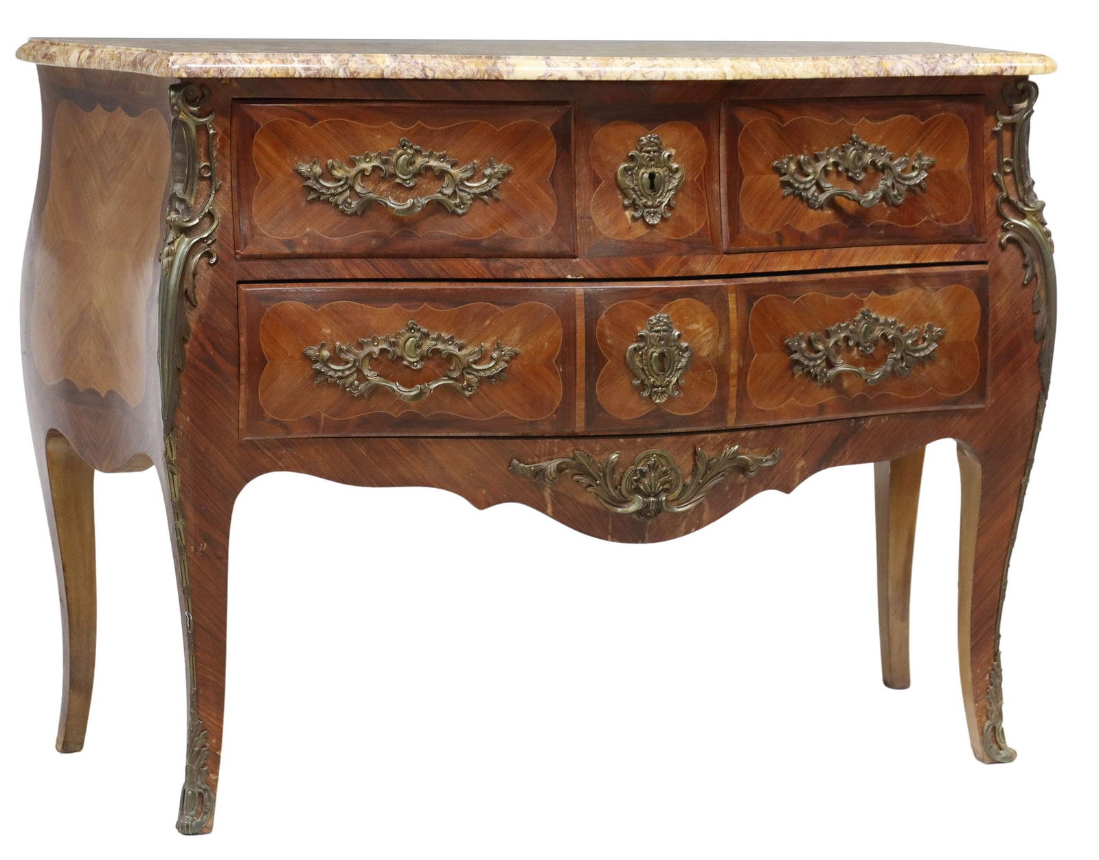 LOUIS XV STYLE MARBLE-TOP BOMBE COMMODE: Louis XV style marble-top commode, 20th c., bombe case with metal mounts, two short over one long drawer, on curved legs terminating in front sabots, approx 33.5"h, 47.25"w, 21"d