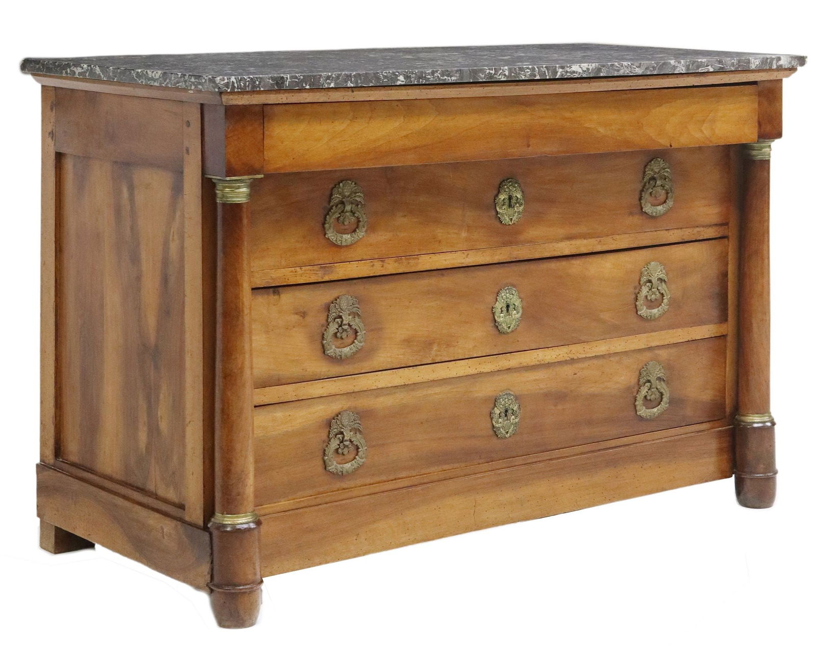 FRENCH EMPIRE STYLE MARBLE-TOP WALNUT COMMODE: French Empire style marble-top walnut commode, 19th c., projecting frieze drawer, over three additional drawers, (one) with divided interior, flanked by turned columns, on rounded feet, approx 33.5&qu