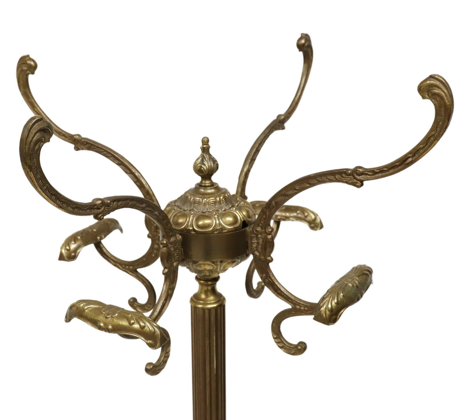 ITALIAN PATINATED METAL & ONYX ACCENTED HALL TREE: Italian patinated metal hall tree, 20th c., having urn-form finial, issuing four scrolling foliate hooks, rising on fluted standard, centering onyx ball and four additional hooks, on tripodal legs, en
