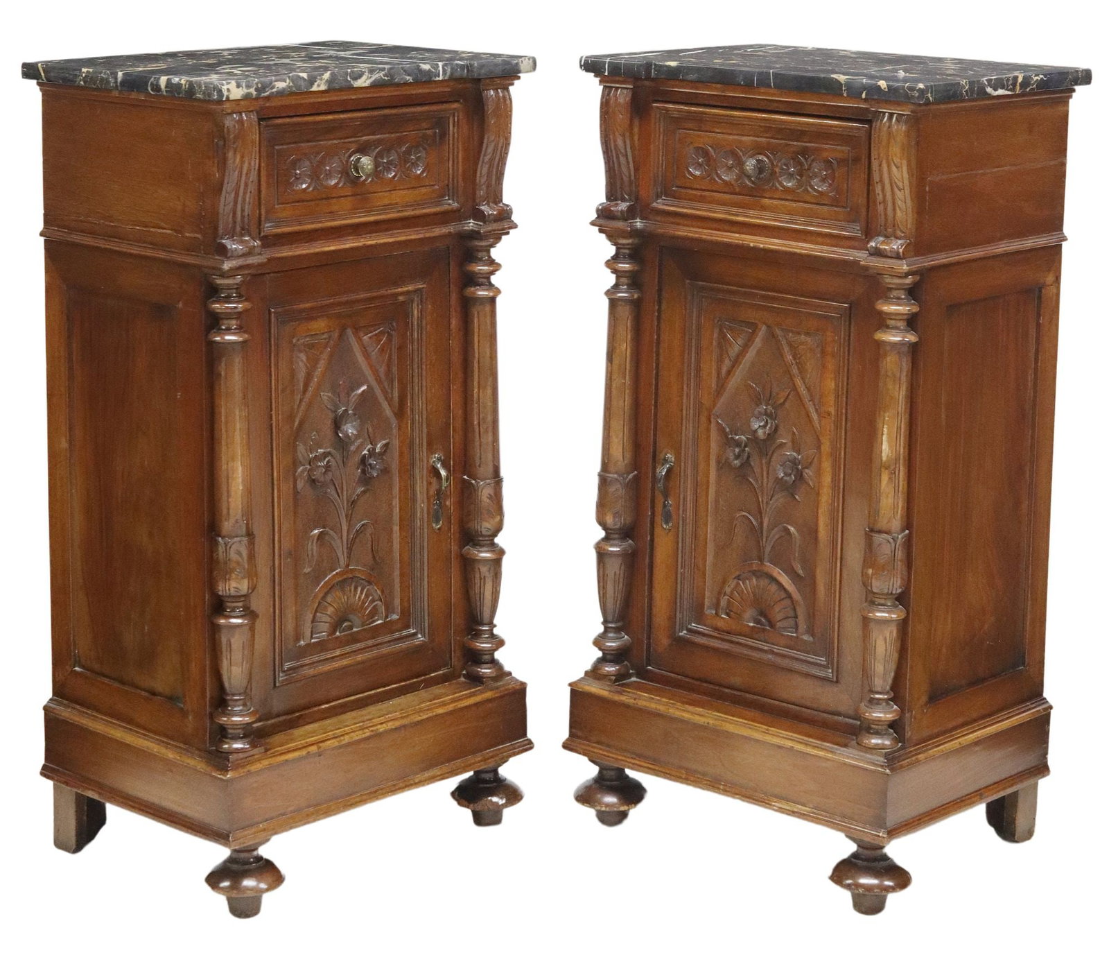 (2) ITALIAN MARBLE-TOP CARVED NIGHTSTANDS: (pair) Italian carved bedside cabinets, mid 19th c., having marble top, over single drawer with foliate roundels, flanked by scrolling acanthus, cabinet door with shelved interior framed by columnar s