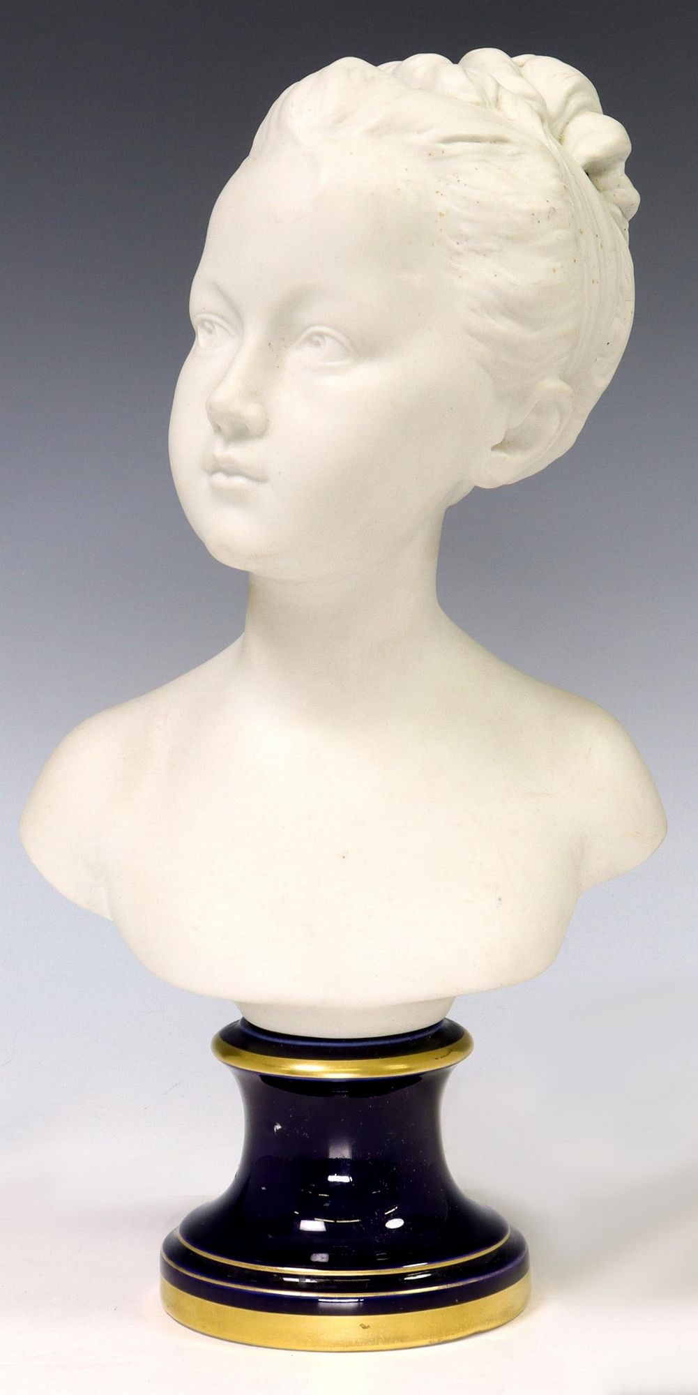 AFTER JEAN-ANTOINE HOUDON BISCUIT PORCELAIN BUST: French biscuit porcelain bust of Louise Brongniart (1772-1845), after Jean-Antoine Houdon (1741-1828), on parcel gilt and cobalt glazed socle, marked porcelaine de France, approx 13.5"h, 3.25lbs&