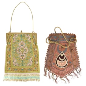 (2) VINTAGE LADIES ART DECO BEADED PURSE & METALLIC EMBROIDERED RETICULE