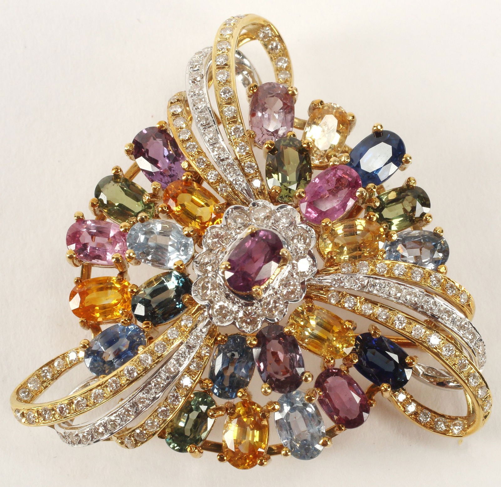 ESTATE 18KT GOLD DIAMOND & SAPPHIRE PENDANT BROOCH (1 of 4)