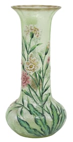 ART NOUVEAU ENAMEL-DECORATED VASELINE GLASS FLOWER VASE