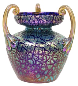 BOHEMIAN LOETZ (ATTRIB) JUGENDSTIL MIMOSA GLASS THREE-HANDLED VASE