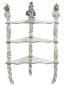 DRESDEN PORCELAIN & SHAPED GLASS CORNER ETAGERE