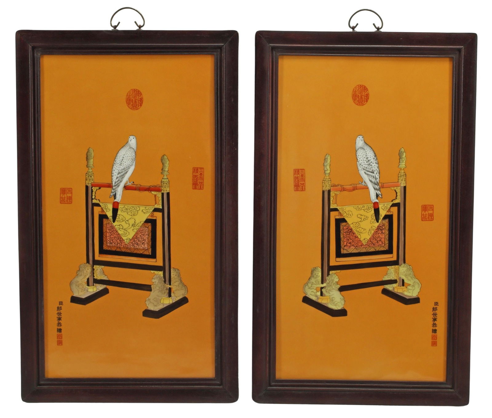(2) FRAMED CHINESE PORCELAIN PLAQUES WHITE FALCONS (1 of 4)