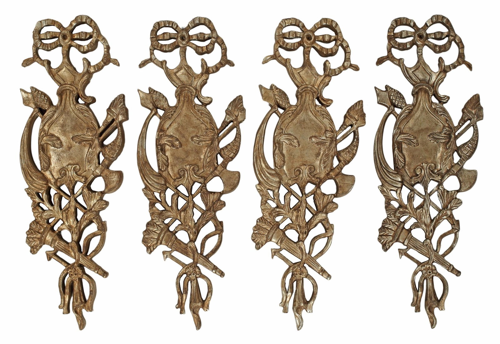 (4) LOUIS XVI STYLE SILVER GILT WALL TROPHIES: (lot of 4) Louis XVI style silver gilt wall trophies, approx 31.5"h, 11"w, 24lbs total