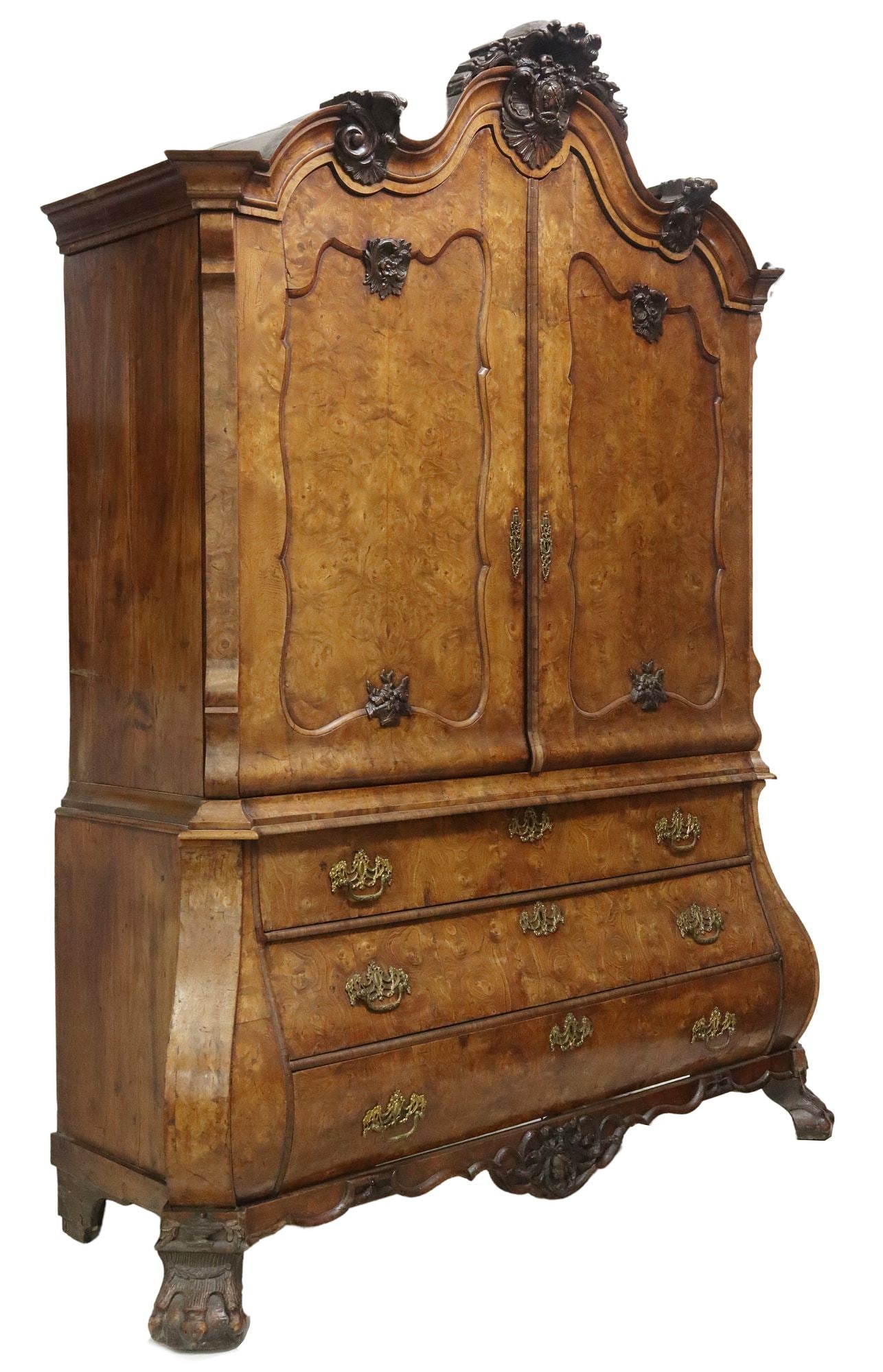 DUTCH BAROQUE STYLE BURLWOOD LINEN PRESS, 19TH C. (1 of 5)