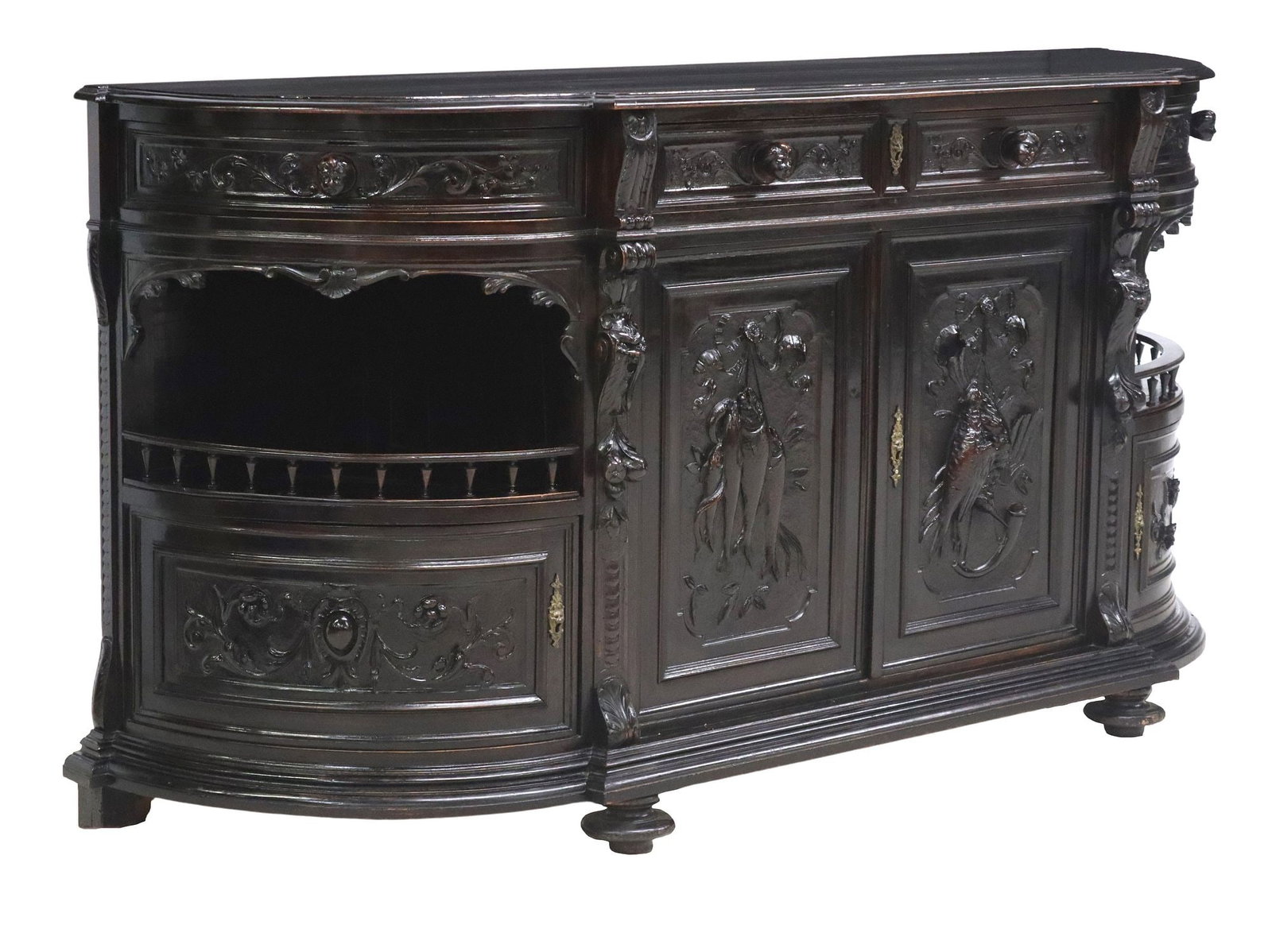 ITALIAN RENAISSANCE REVIVAL CARVED HUNT SIDEBOARD: Italian Renaissance Revival hunt sideboard, late 19th c., in an all-over black lacquered finish, having shaped top, over four drawers with carved figural mask drawer pulls, and centralized double cabi