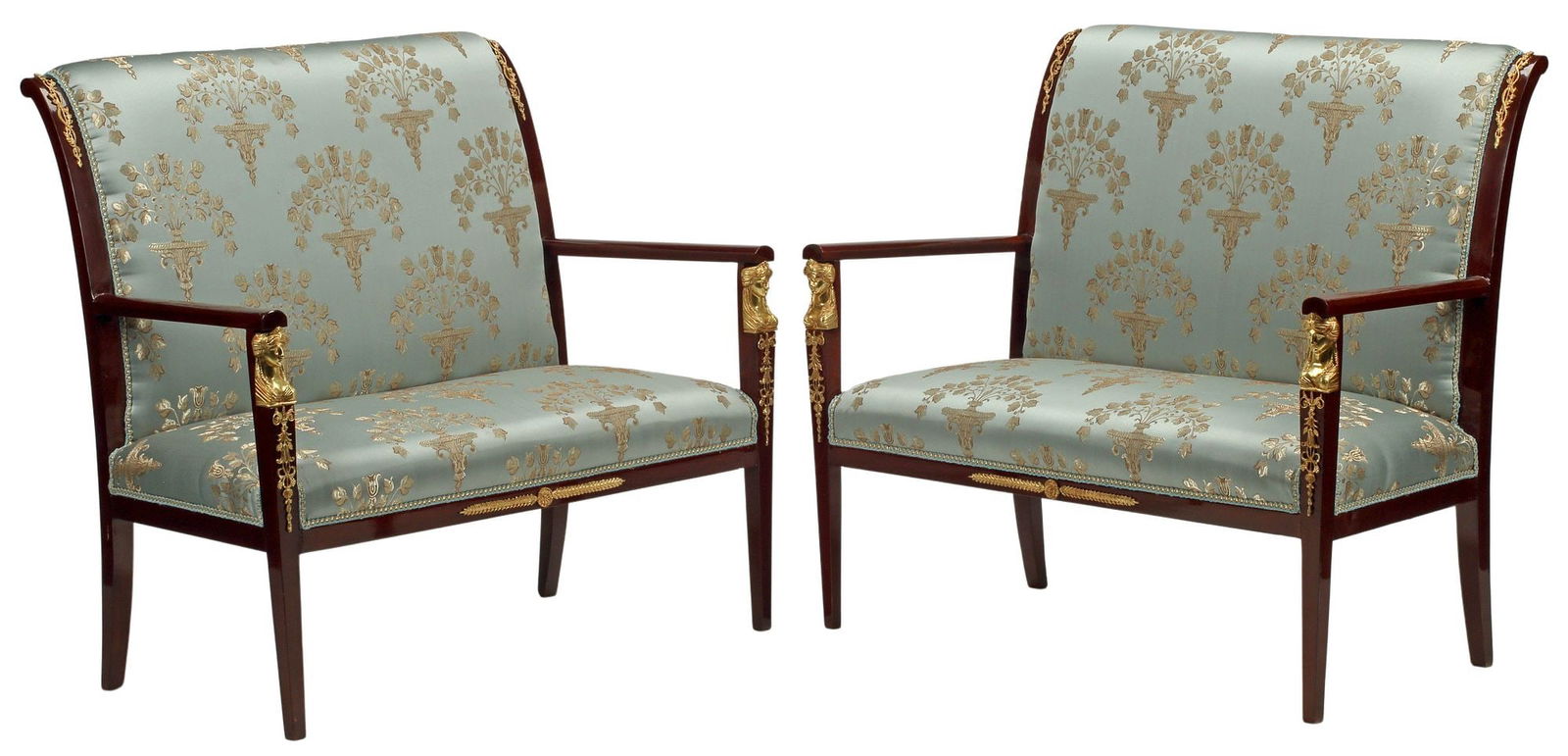 (2) EMPIRE STYLE UPHOLSTERED SETTEES: (pair) Empire style settees, approx 39"h, 43"w, 21"d, seat height: 17"h