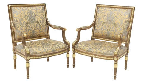 (2) LOUIS XVI STYLE PARCEL GILT & SILK UPHOLSTERED FAUTEUILS
