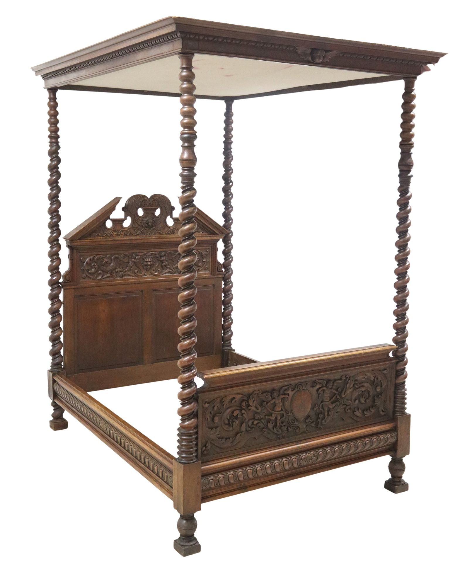 FRENCH HENRI II STYLE CARVED WALNUT FOUR-POSTER TESTER BED (1 of 3)