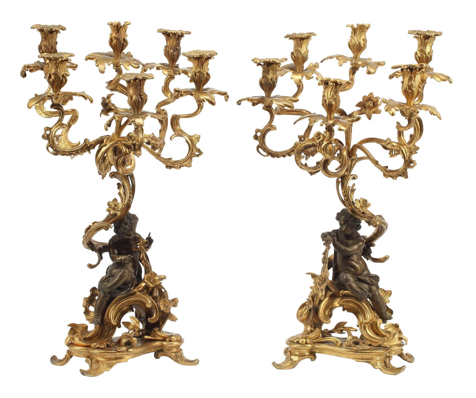 (2) LOUIS XV STYLE ORMOLU & PATINATED-BRONZE FIGURAL CANDELABRA (1 of 5)