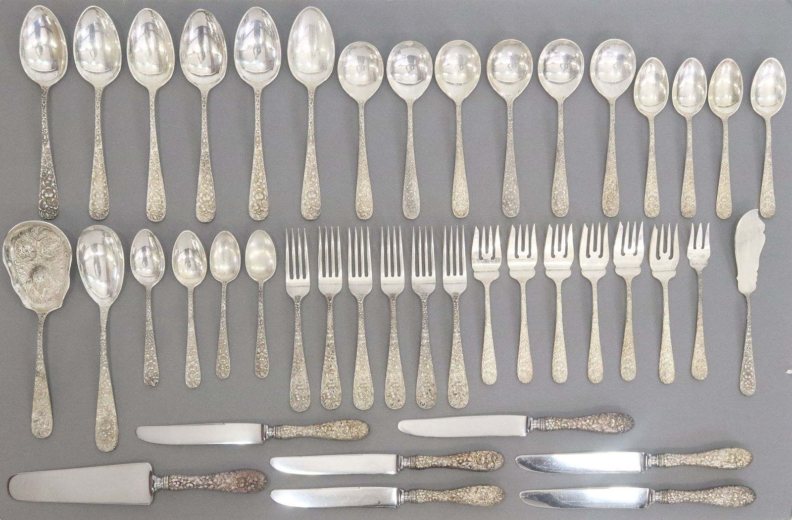 (43) STIEFF 'ROSE' REPOUSSE STERLING SILVER FLATWARE SERVICE (1 of 10)