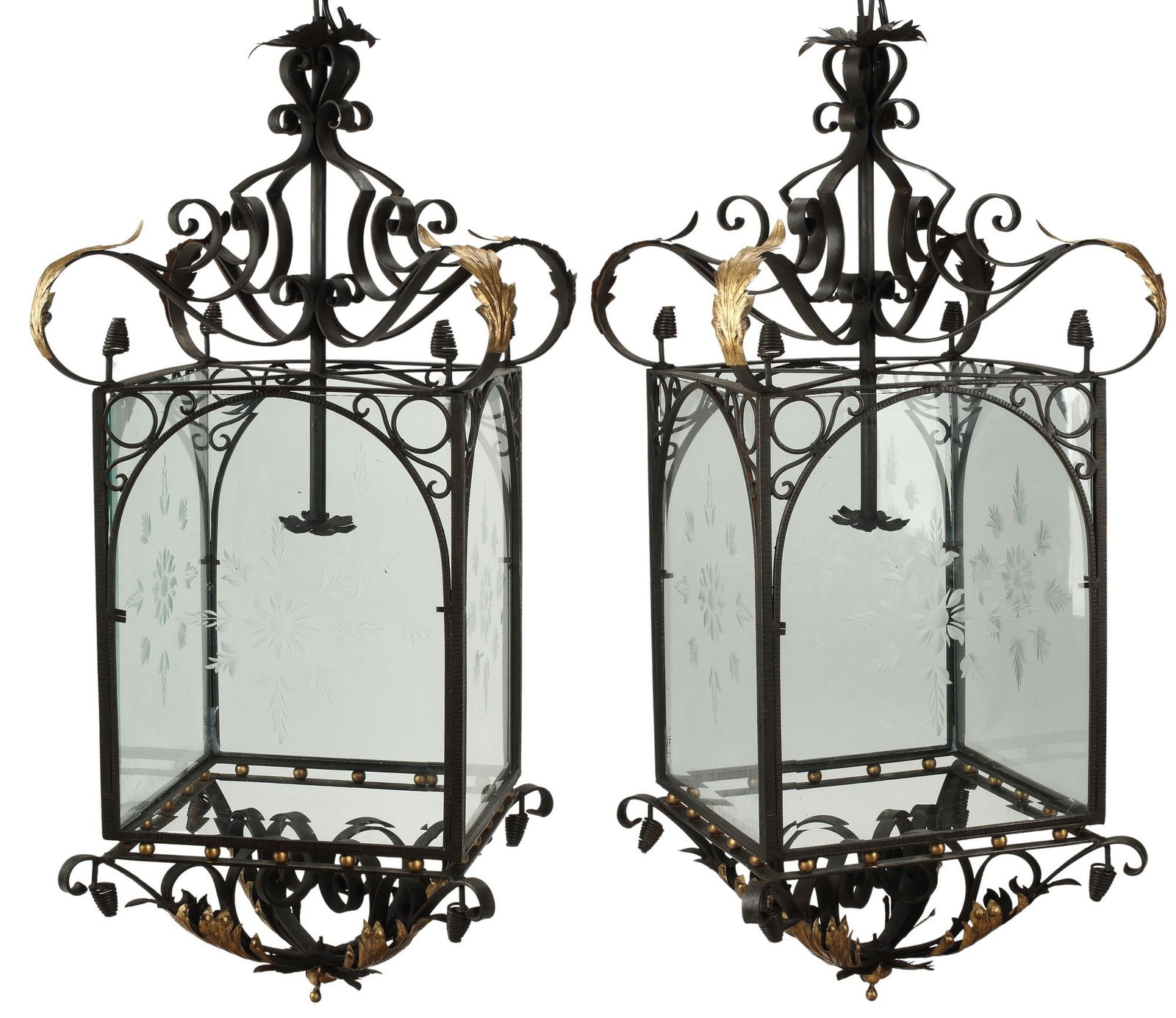 (2) LARGE PARCEL GILT WROUGHT IRON & ETCHED GLASS LANTERNS, 55"H (1 of 7)