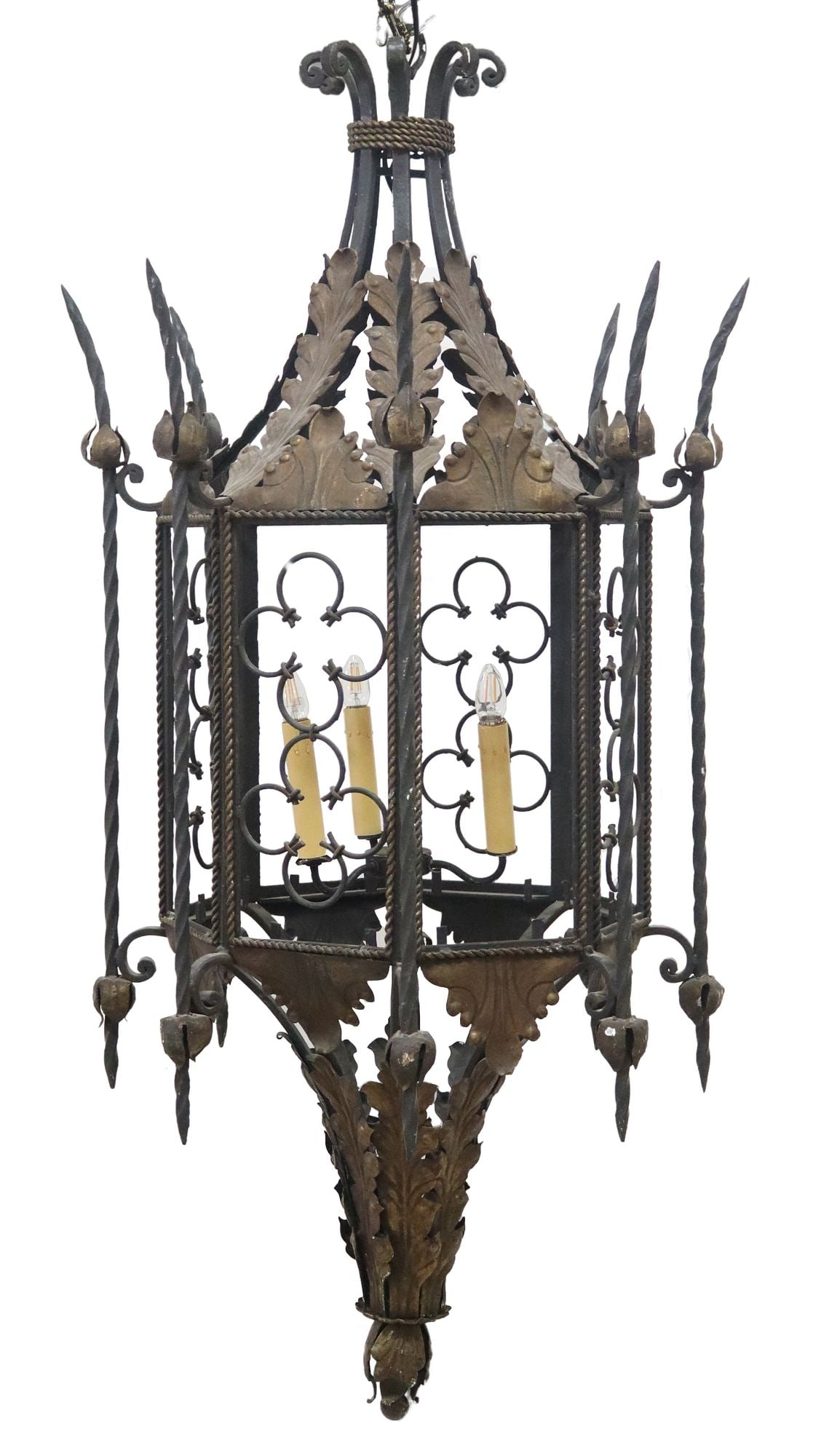 LARGE GOTHIC REVIVAL WROUGHT IRON HANGING LANTERN, 62"H (1 of 3)