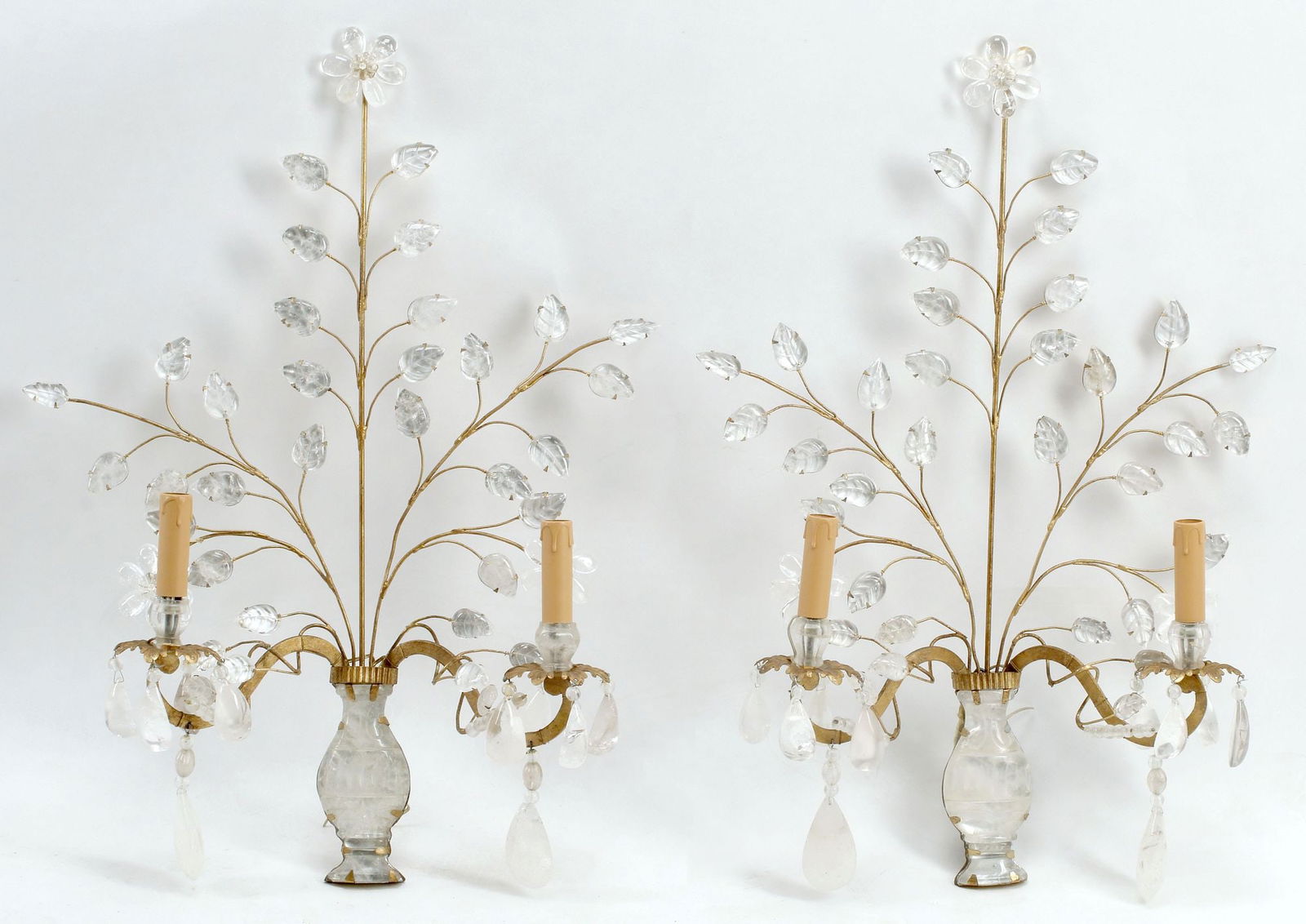 (2) MAISON BAGUES STYLE GILT METAL & ROCK CRYSTAL URN TWO-LIGHT SCONCES (1 of 4)