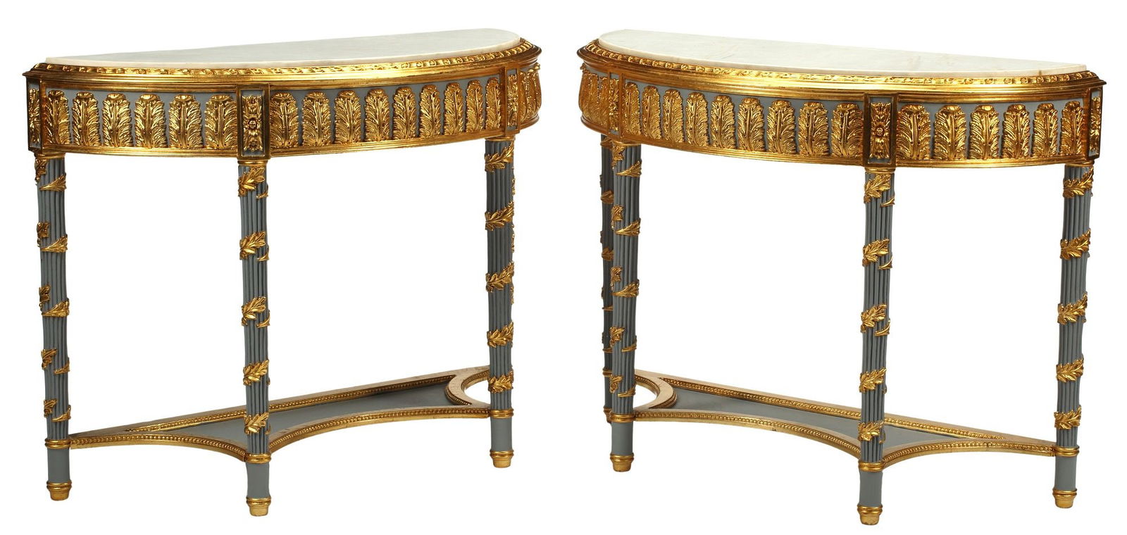 (2) NEOCLASSICAL STYLE PARCEL GILT & PAINTED DEMILUNE CONSOLE TABLES: (pair) Neoclassical style parcel gilt and painted demilune console tables, with marble tops, on tapering reeded legs, approx 35"h, 49"w, 20"d