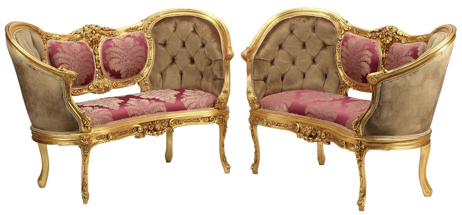 (2) LOUIS XV STYLE GILT SETTEES: (pair) Louis XV style gilt settees, approx 35"h, 53"w, 22"d, seat height: 17.5"h