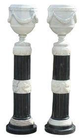 (2) NEOCLASSICAL STYLE MARBLE URNS ON BLACK & WHITE MARBLE PEDESTALS