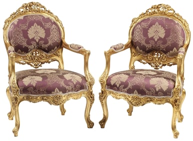 (2) LOUIS XV STYLE GILT & UPHOLSTERED FAUTEUILS