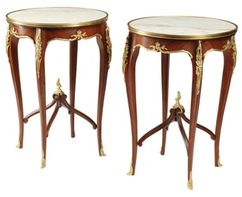 (2) LOUIS XV STYLE ORMOLU-MOUNTED SIDE TABLES WITH MARBLE TOPS