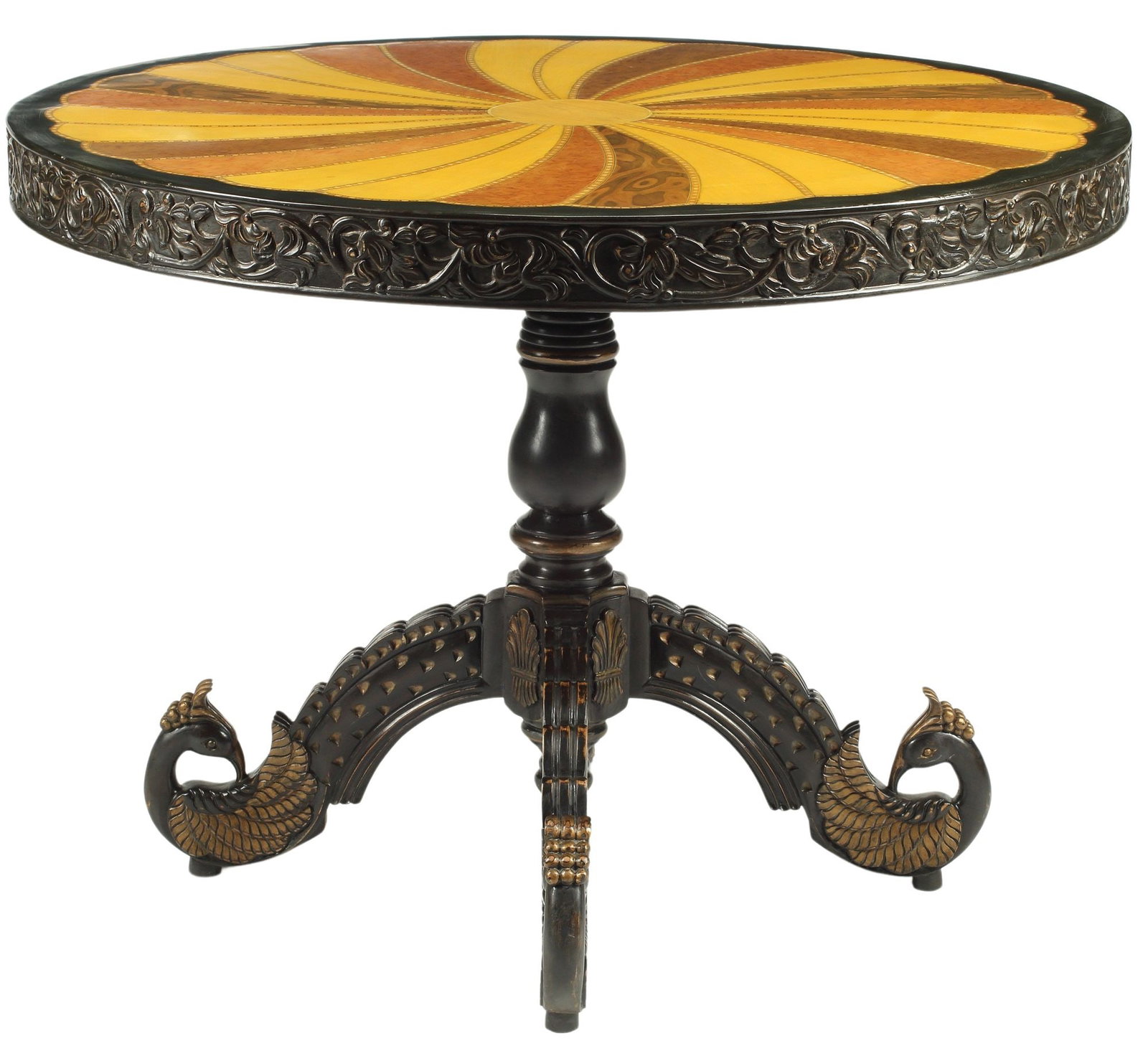 COLONIAL STYLE INLAID & PARCEL GILT CENTER TABLE: Colonial style inlaid and parcel gilt center table, India, approx 31"h, 53"diam