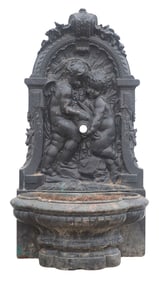 LARGE FRENCH PAINTED CAST IRON CHERUBS GARDEN WALL FOUNTAIN, 19TH C.