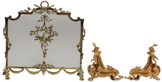 (3) FRENCH FIREPLACE SCREEN & ORMOLU CHENETS